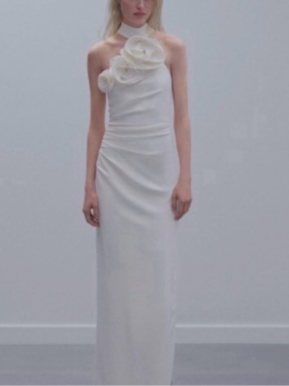 Mango Strapless White Column Gown with Floral Appliqué